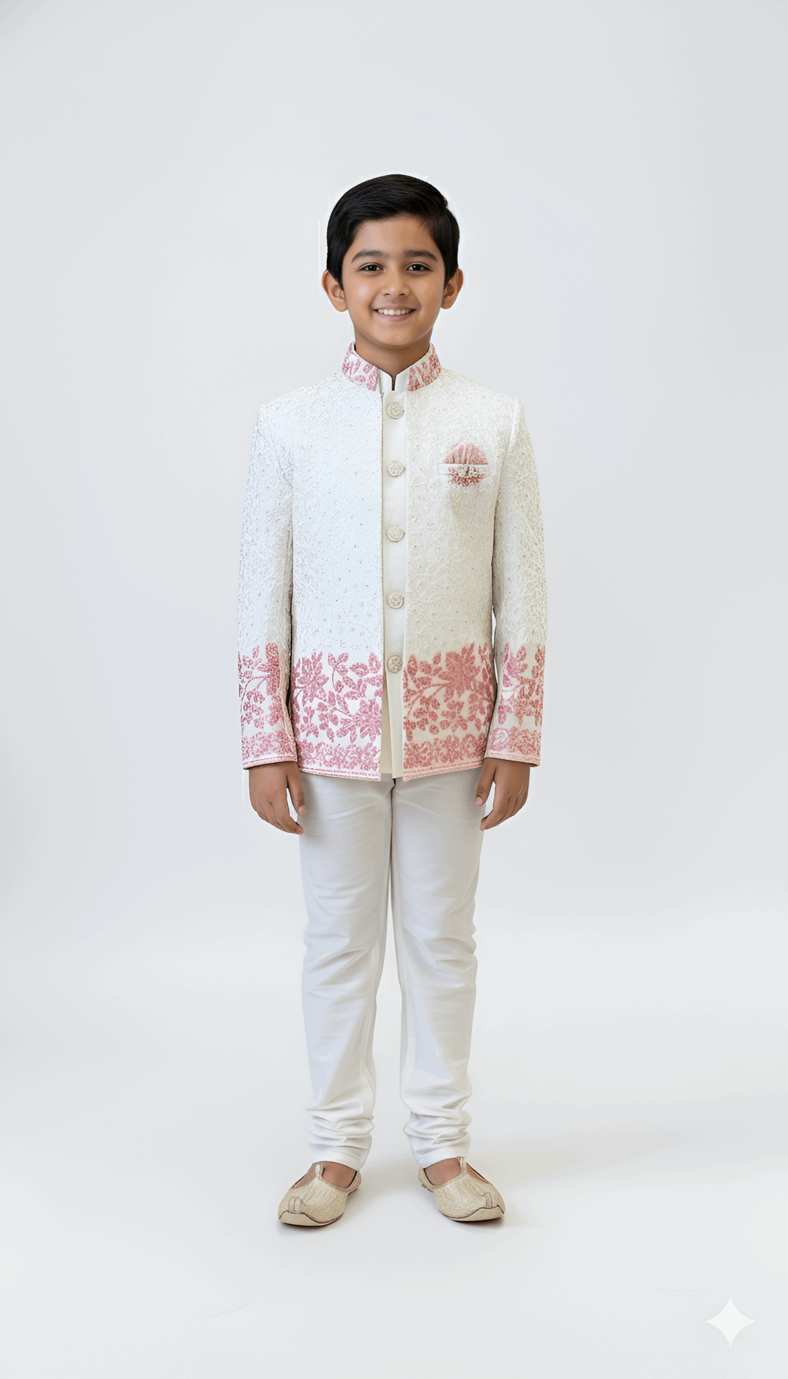 White Embroidered Indo-Western Jacket with Pink Border for Boys