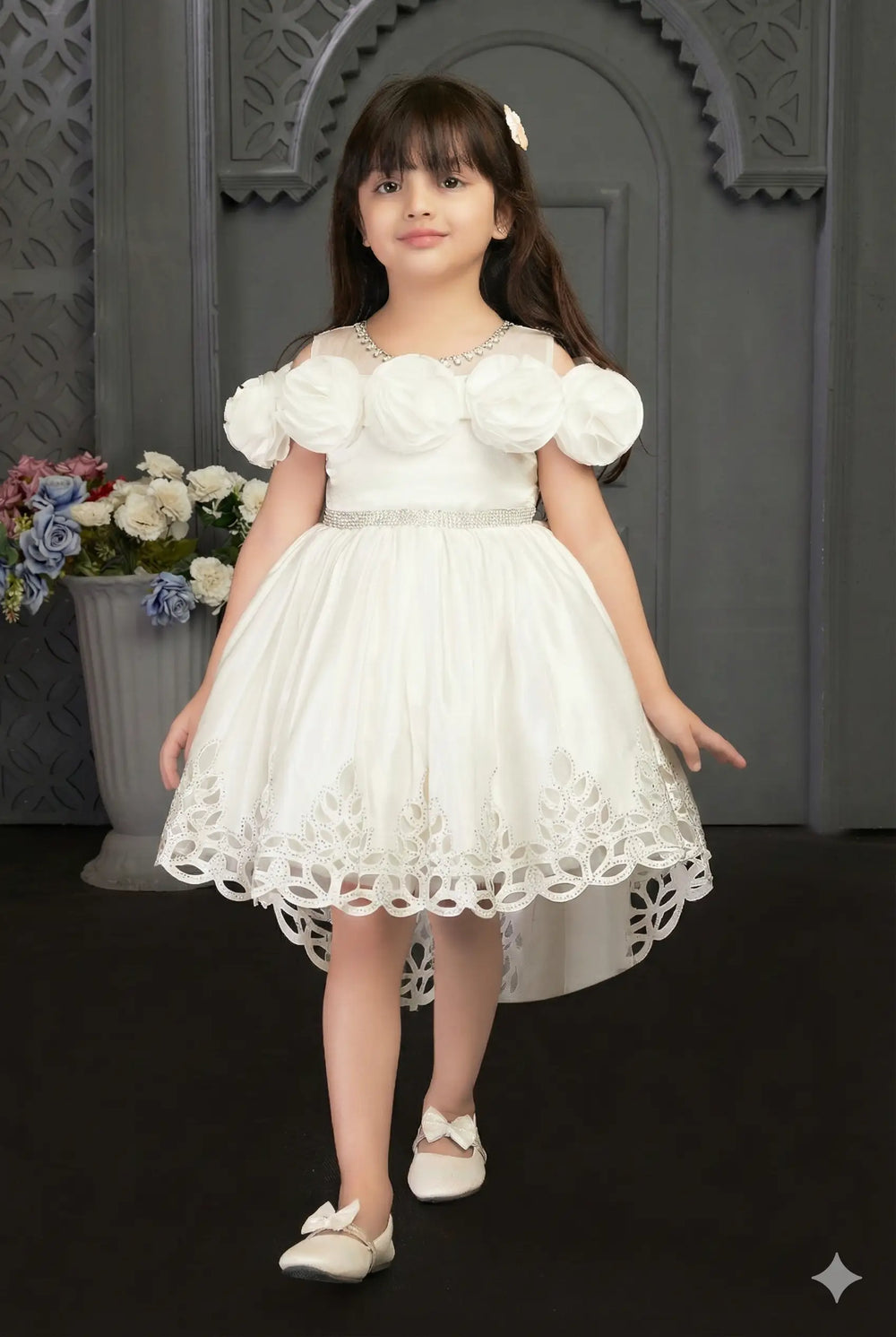 White Lace Dress with Puff Sleeves and Rhinestone Belt for Girls