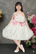 Pink Balloon Dress with Floral Print Bow and Rose Embellishments for Girls