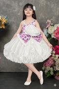 Purple Balloon Dress with Floral Print Bow and Rose Embellishments for Girls