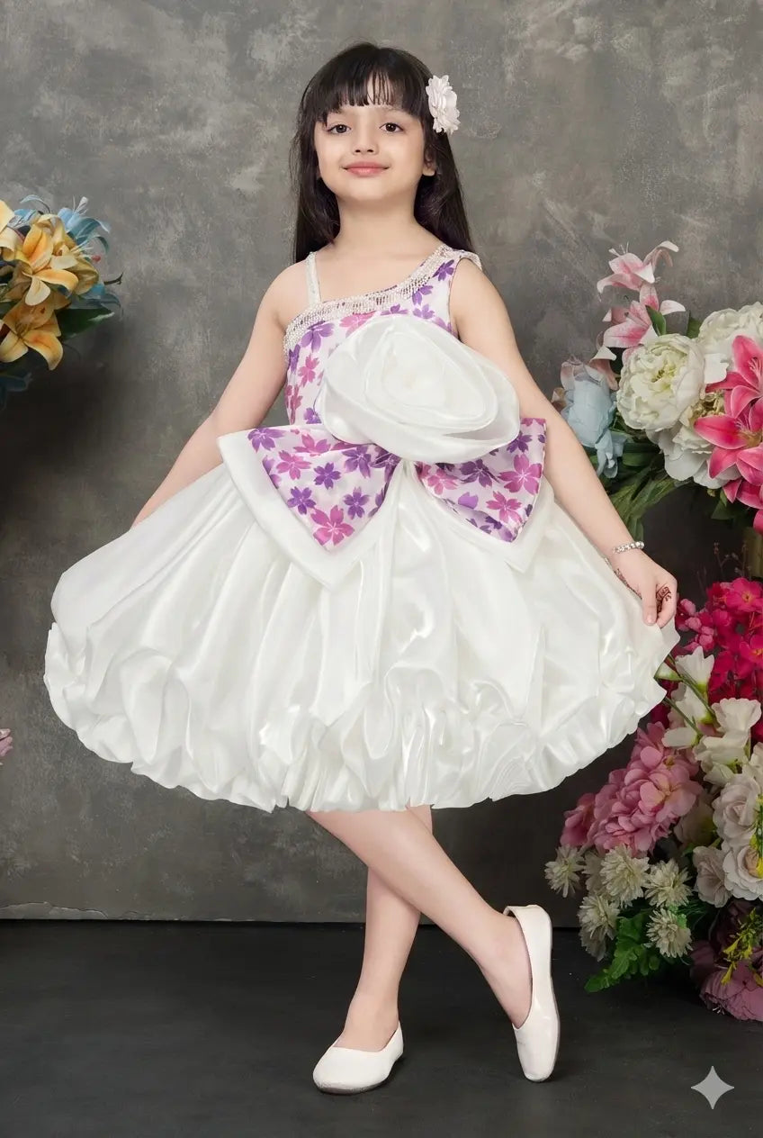 Purple Balloon Dress with Floral Print Bow and Rose Embellishments for Girls