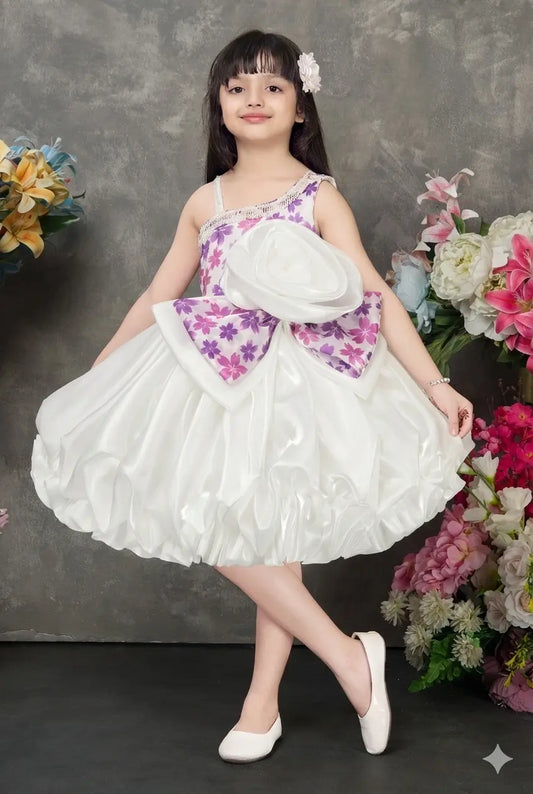 Purple Balloon Dress with Floral Print Bow and Rose Embellishments for Girls