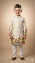 Cream Embroidered Kurta Pajama Set with Colorful Floral Motifs and Folk Art Border for Boys
