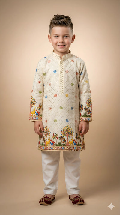 Cream Embroidered Kurta Pajama Set with Colorful Floral Motifs and Folk Art Border for Boys