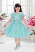 Firozi Off-Shoulder Party Dress with Dramatic Bow and Rhinestone Bodice for Girls