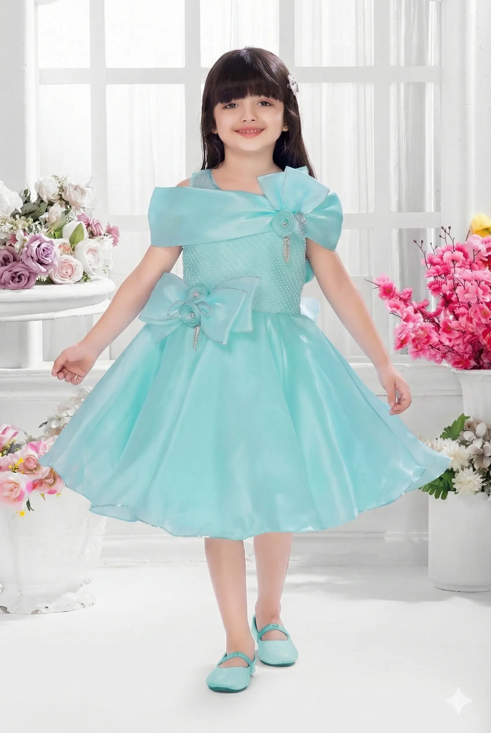 Firozi Off-Shoulder Party Dress with Dramatic Bow and Rhinestone Bodice for Girls