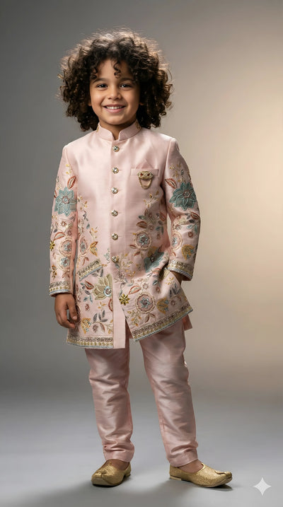 Blush Pink Silk Sherwani Set with Multicolor Floral Embroidery and Crystal Buttons for Boys