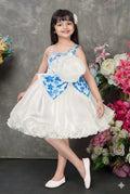 Blue Balloon Dress with Floral Print Bow and Rose Embellishments for Girls