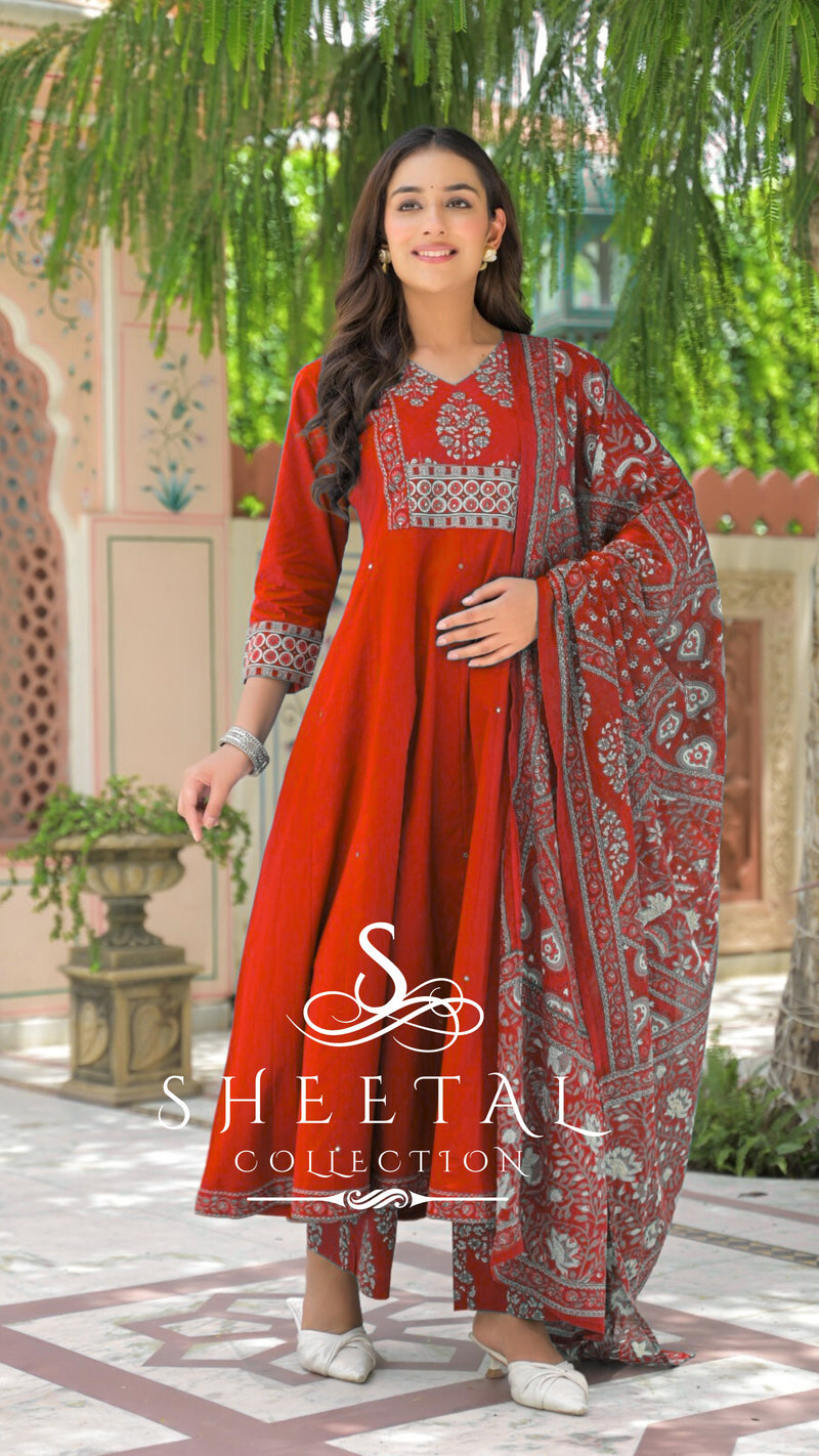 Maroon Cotton Printed 3-Piece Suit Set