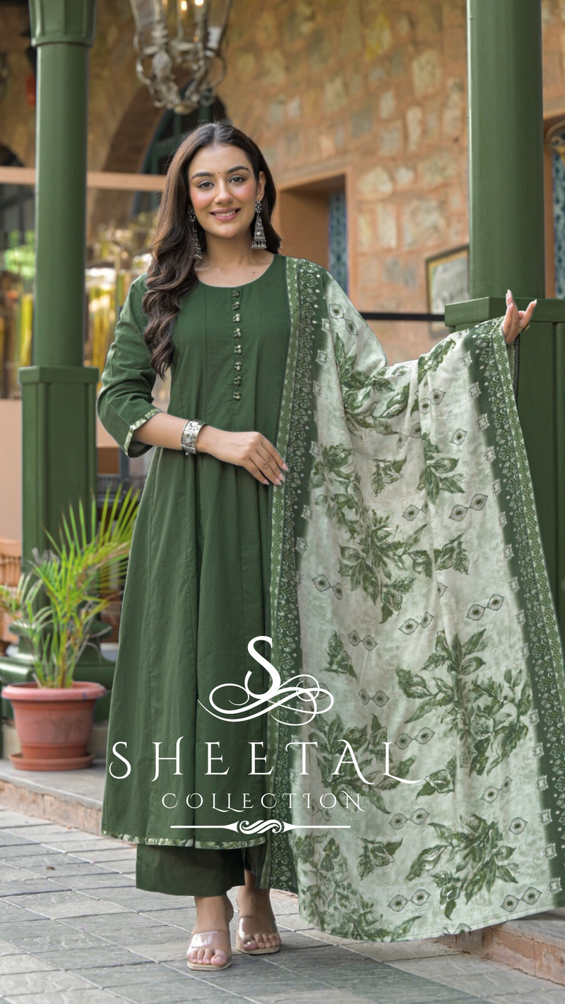 Dark Green Anarkali Cotton 3-Piece Suit Set