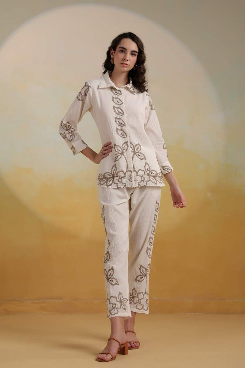 Designer Blossom Hand-Embroidered Cotton Co-ord Set