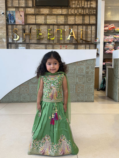 Green Peacock Embroidered Kids Lehenga Set – Sheetal Collection