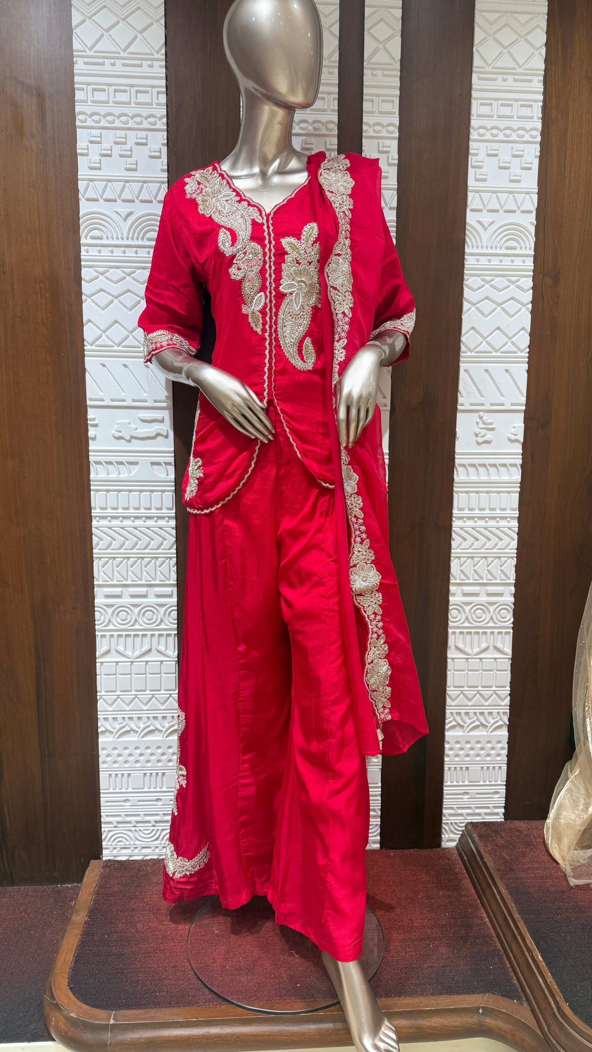 Red Embroidered Soft Slick Silk Palazzo Suit Set – Sheetal Collection