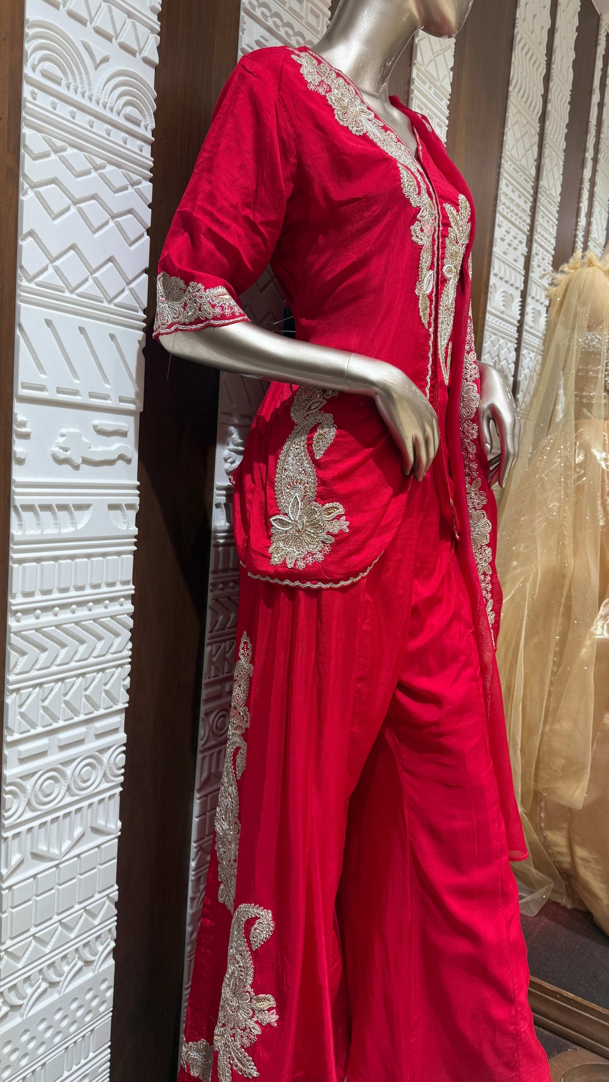 Red Embroidered Soft Slick Silk Palazzo Suit Set – Sheetal Collection