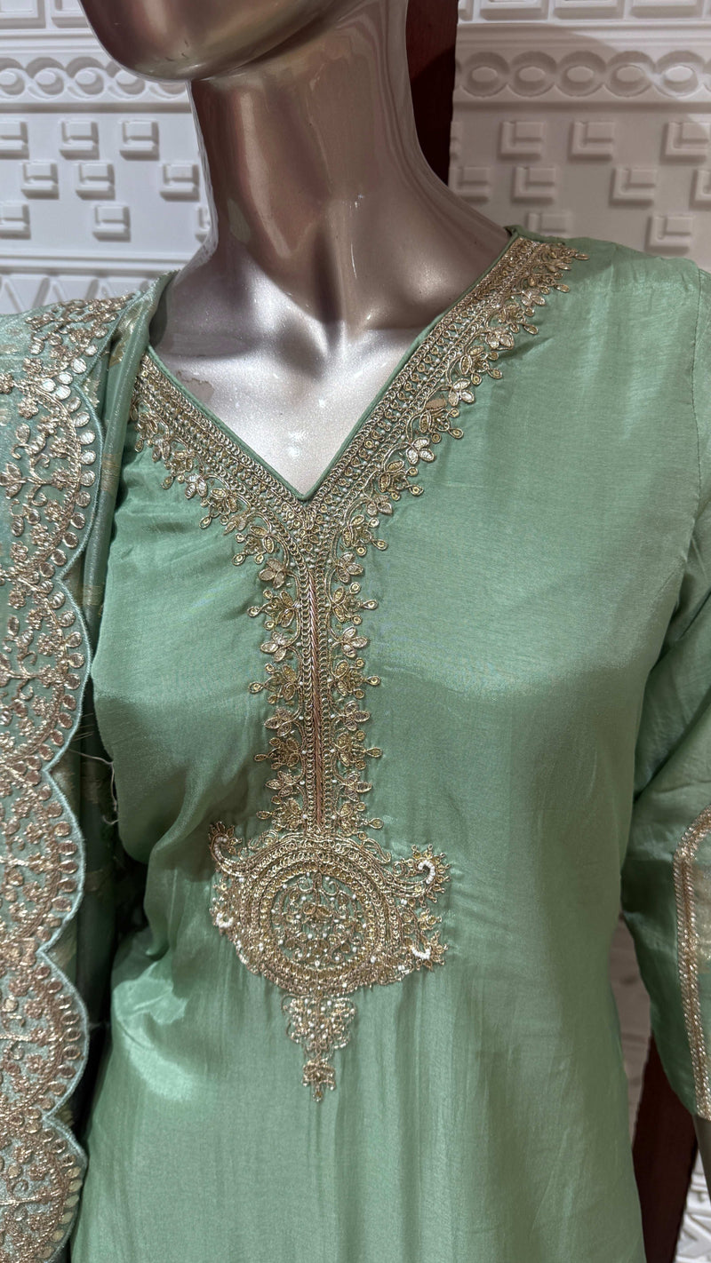 Mint Green Floral Embroidered Silk 3 Piece Suit Set – Sheetal Collection