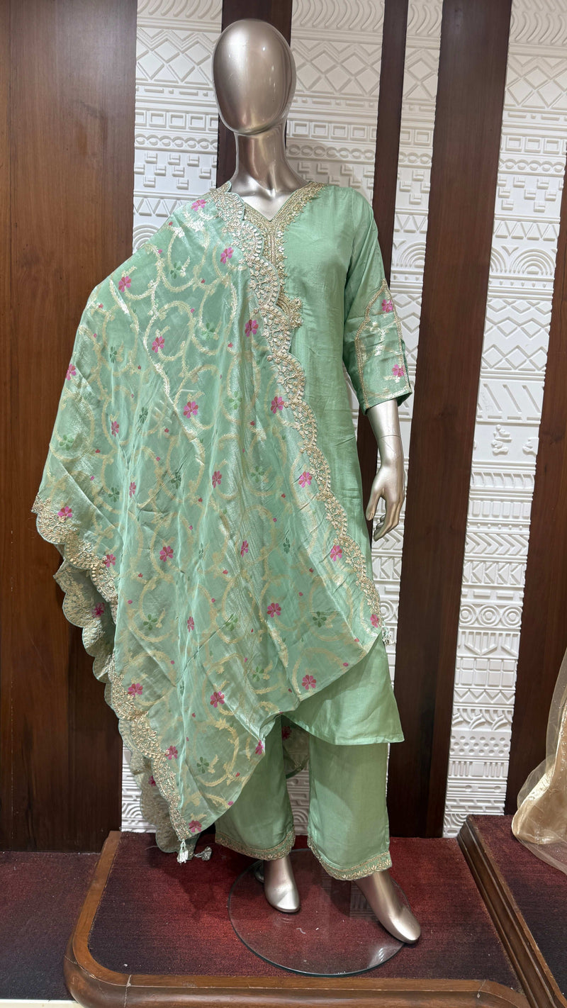 Mint Green Floral Embroidered Silk 3 Piece Suit Set – Sheetal Collection