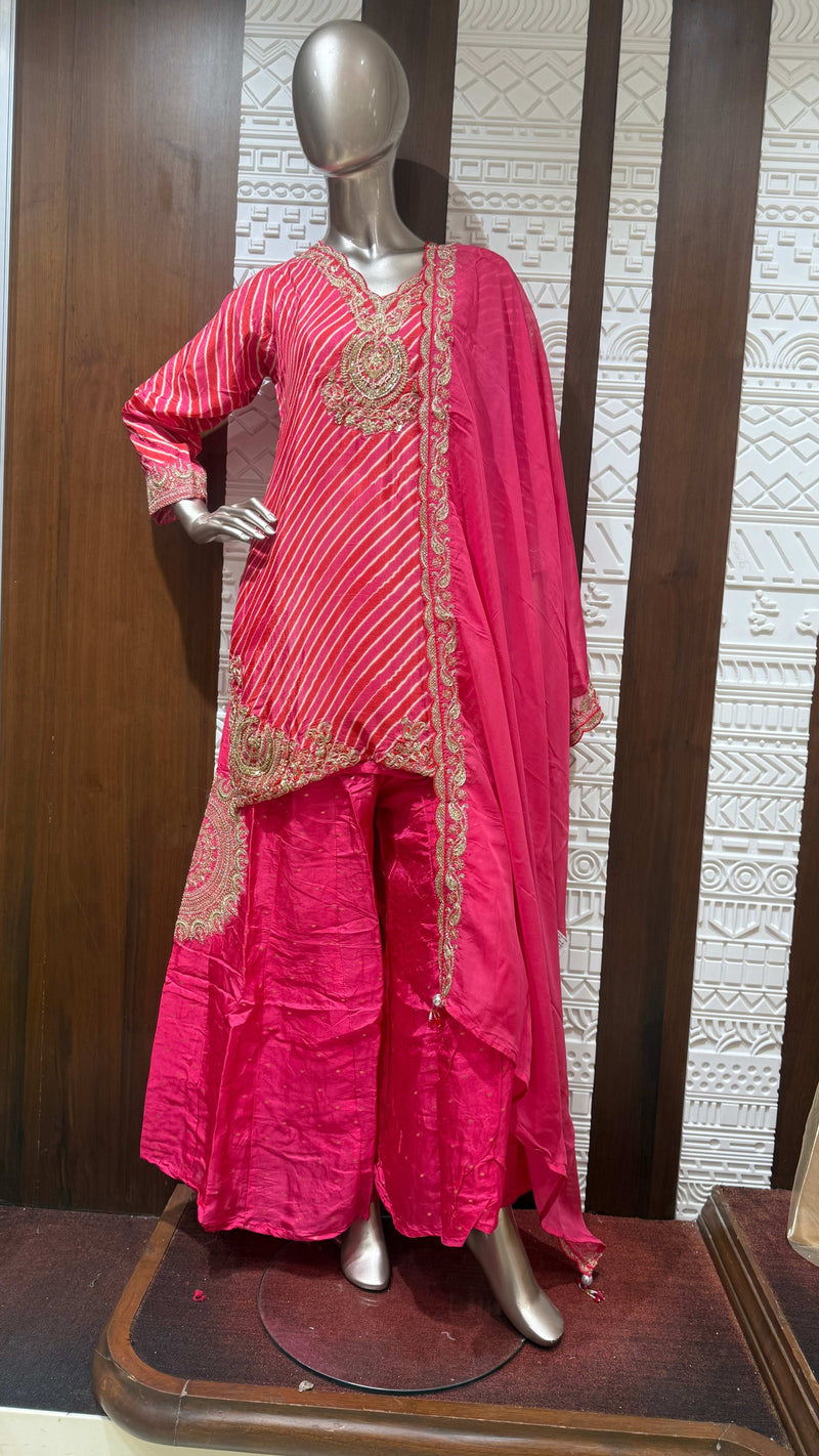 Pink Leheriya Embroidered Laos Slick Sharara Set – Sheetal Collection