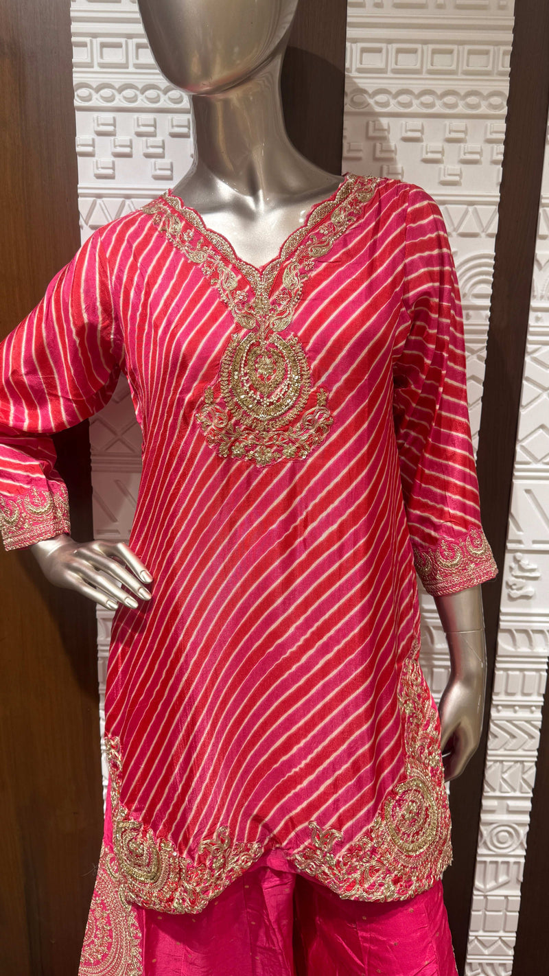 Pink Leheriya Embroidered Laos Slick Sharara Set – Sheetal Collection
