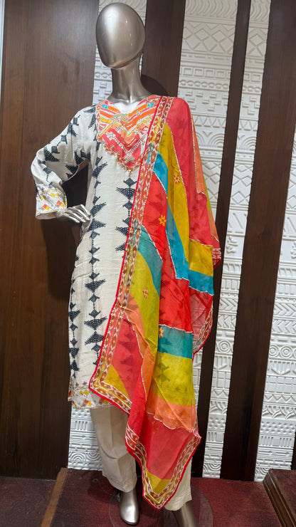 Off-White Block Printed Soft Slick Suit with Multicolor Dupatta – Sheetal Collection