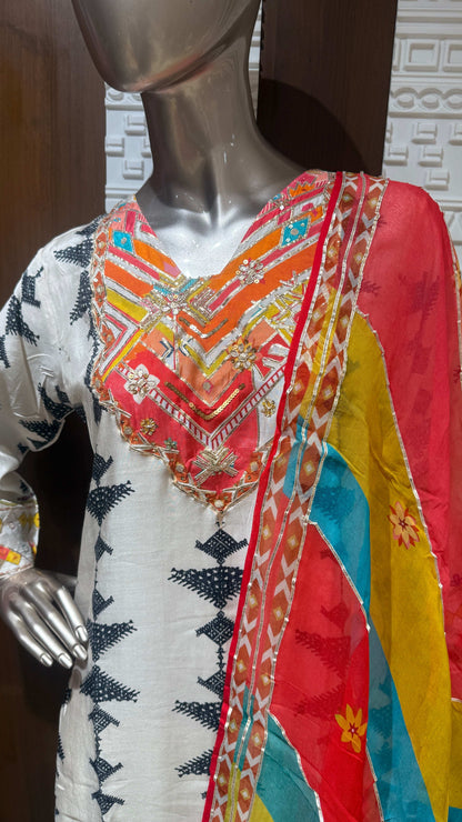 Off-White Block Printed Soft Slick Suit with Multicolor Dupatta – Sheetal Collection