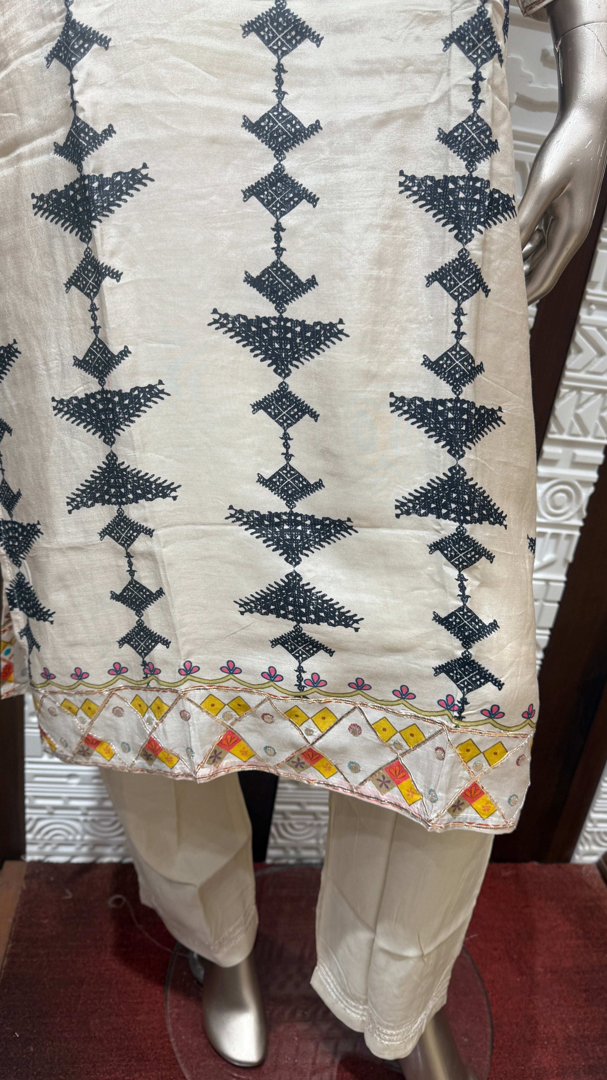 Off-White Block Printed Soft Slick Suit with Multicolor Dupatta – Sheetal Collection