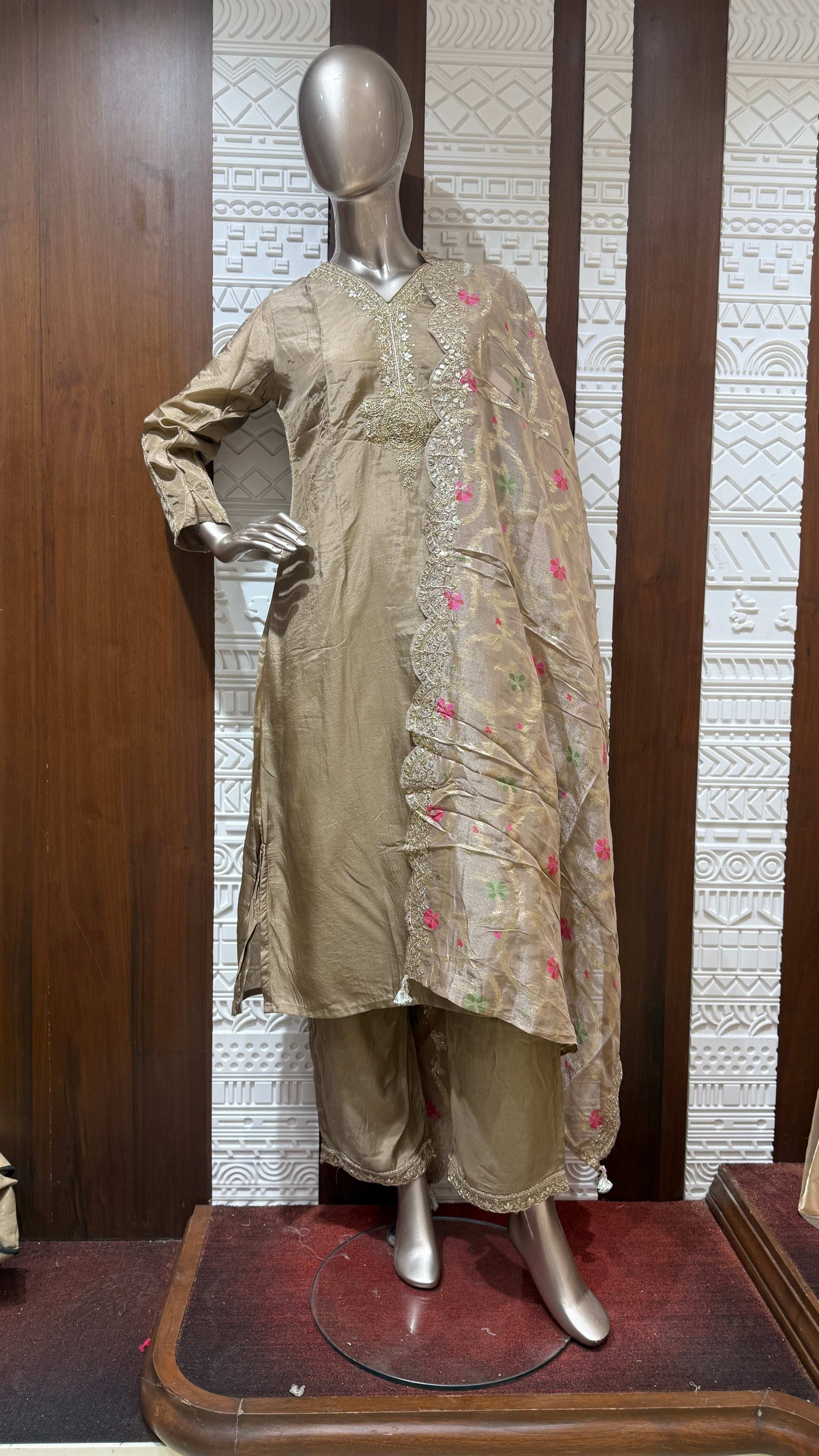 Beige Floral Embroidered Slick Silk Palazzo Suit Set – Sheetal Collection