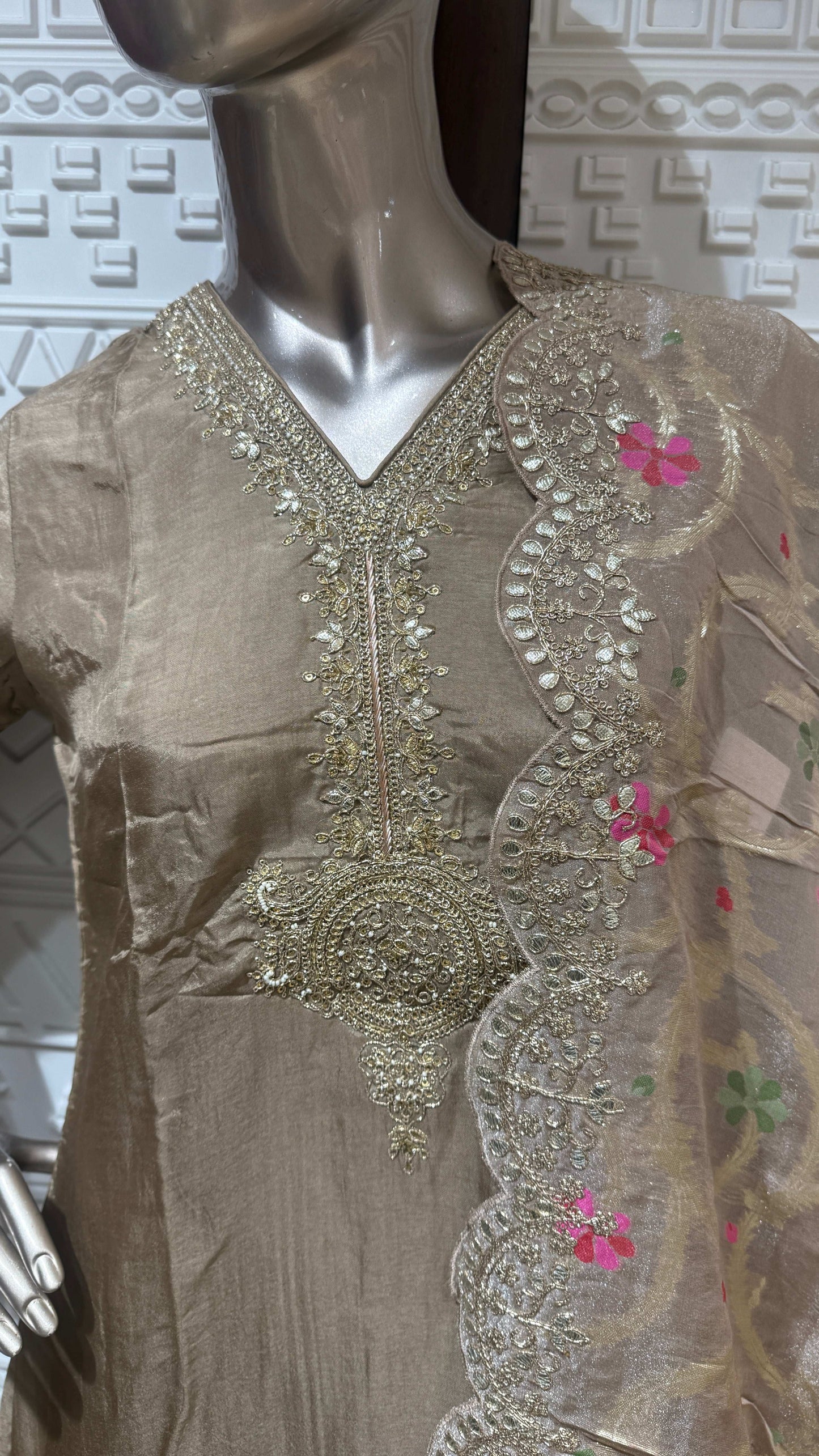 Beige Floral Embroidered Slick Silk Palazzo Suit Set – Sheetal Collection