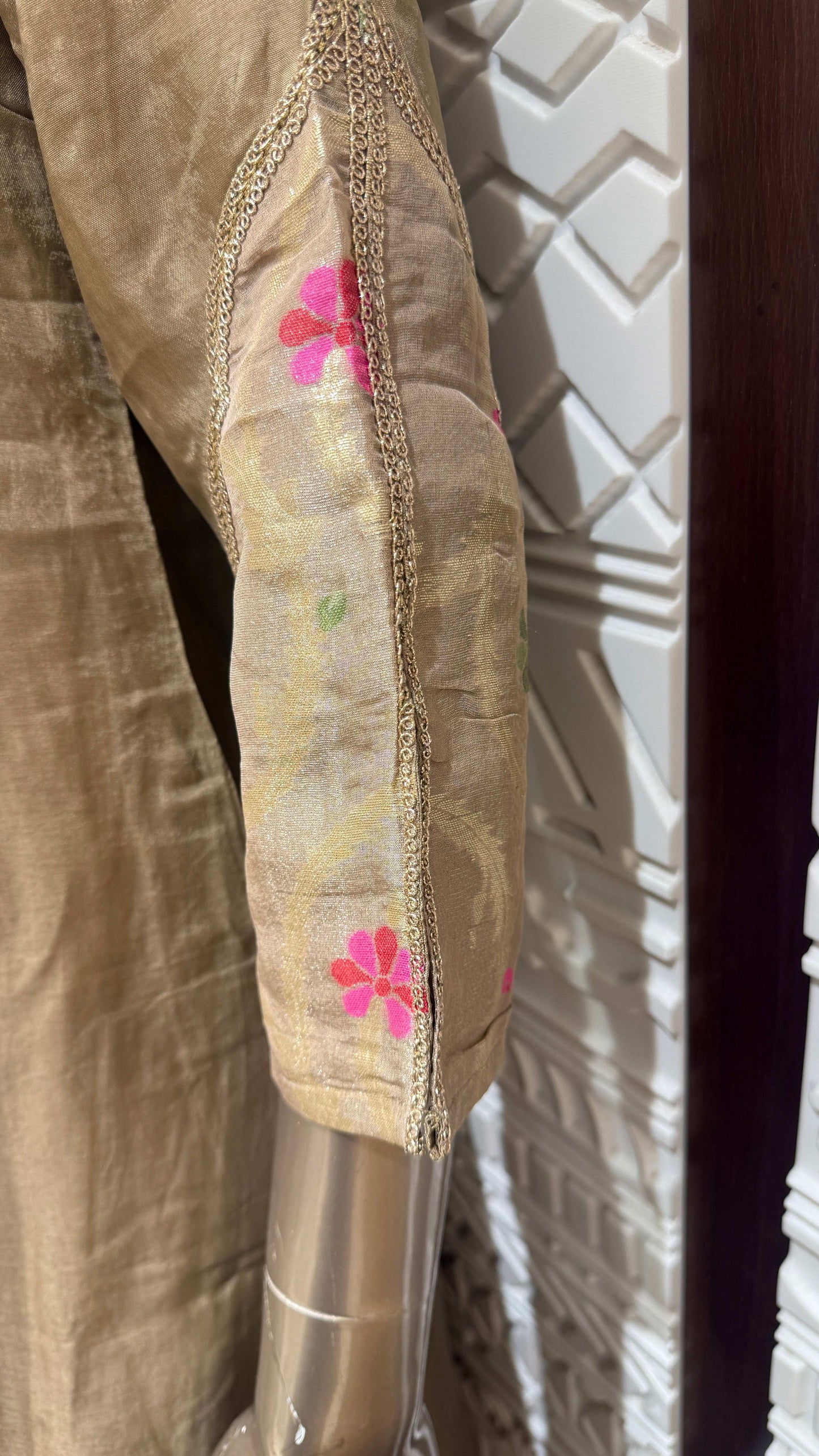 Beige Floral Embroidered Slick Silk Palazzo Suit Set – Sheetal Collection