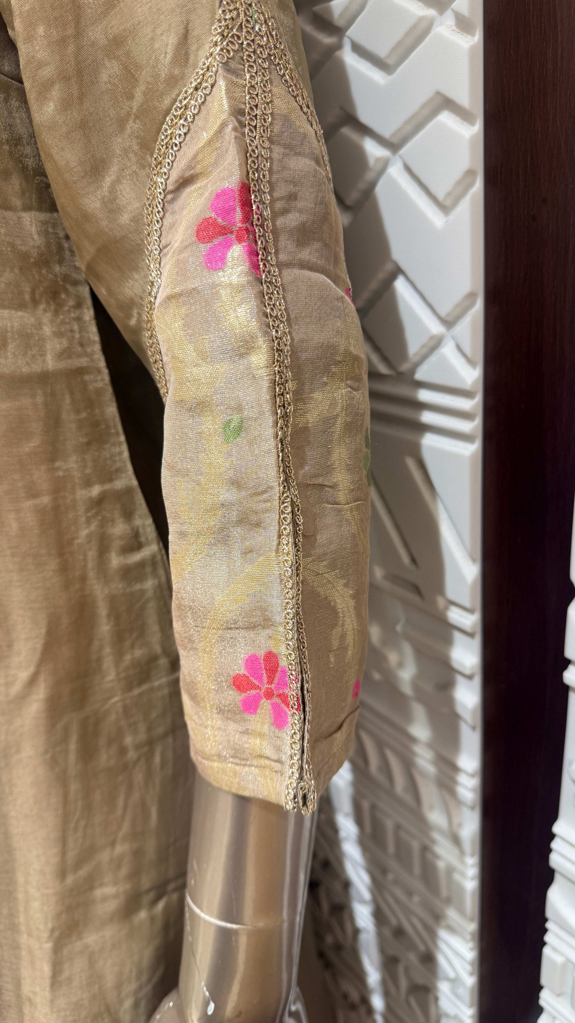 Beige Floral Embroidered Slick Silk Palazzo Suit Set – Sheetal Collection