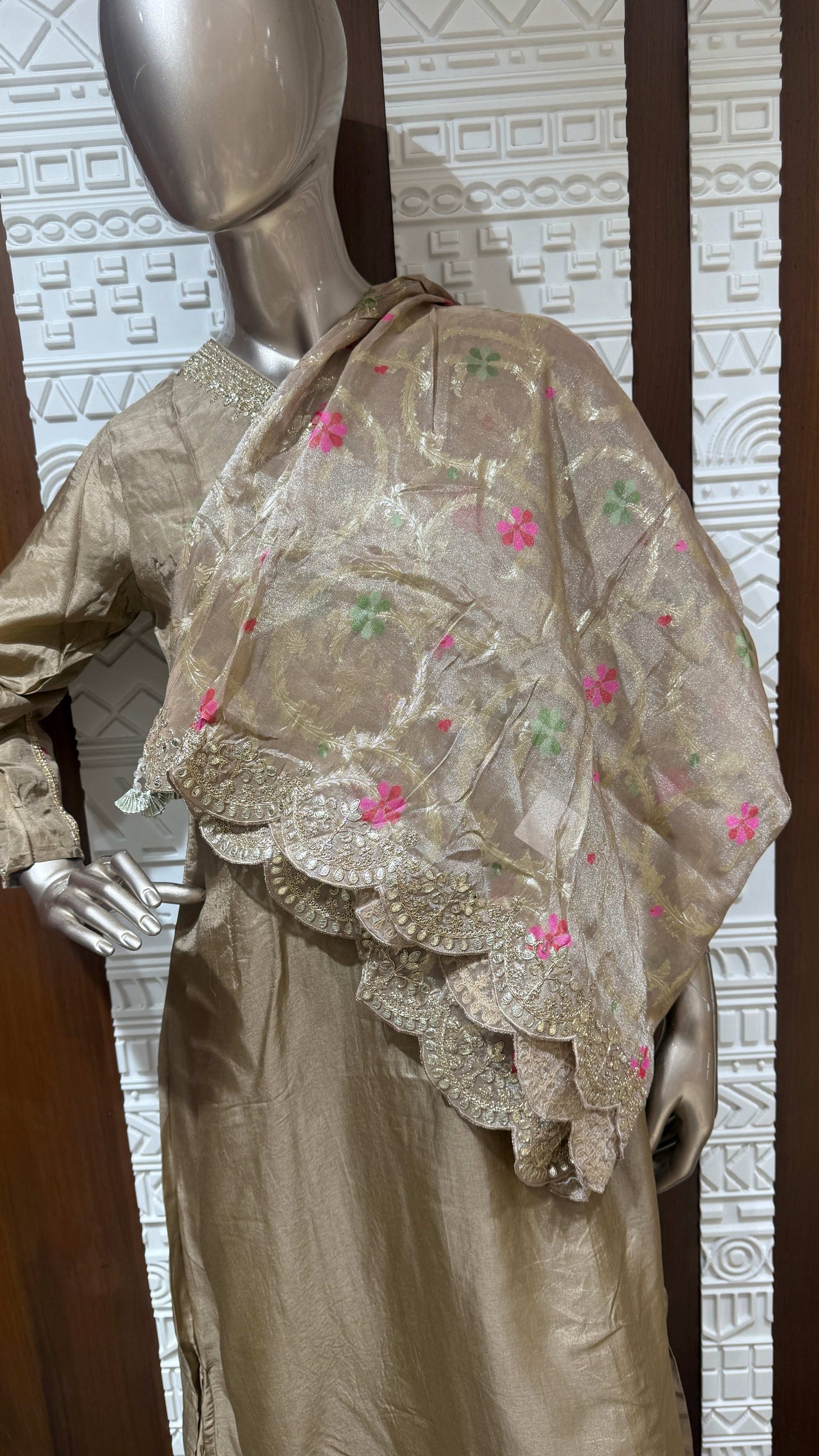 Beige Floral Embroidered Slick Silk Palazzo Suit Set – Sheetal Collection