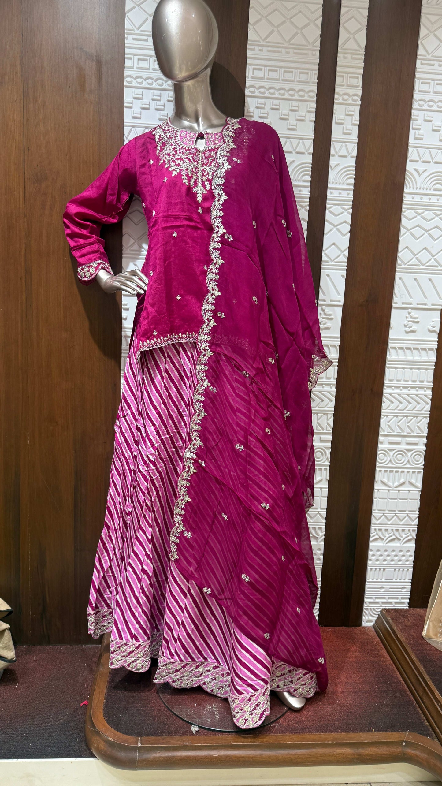 Magenta Embroidered Soft Slick Silk Lehenga Set with Leheriya Skirt – Sheetal Collection