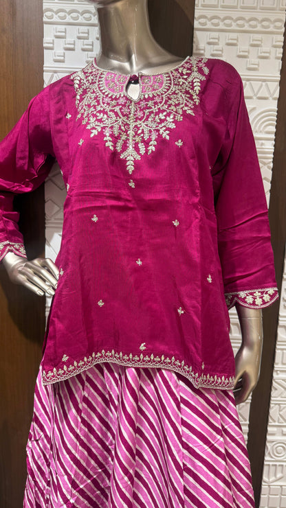 Magenta Embroidered Soft Slick Silk Lehenga Set with Leheriya Skirt – Sheetal Collection