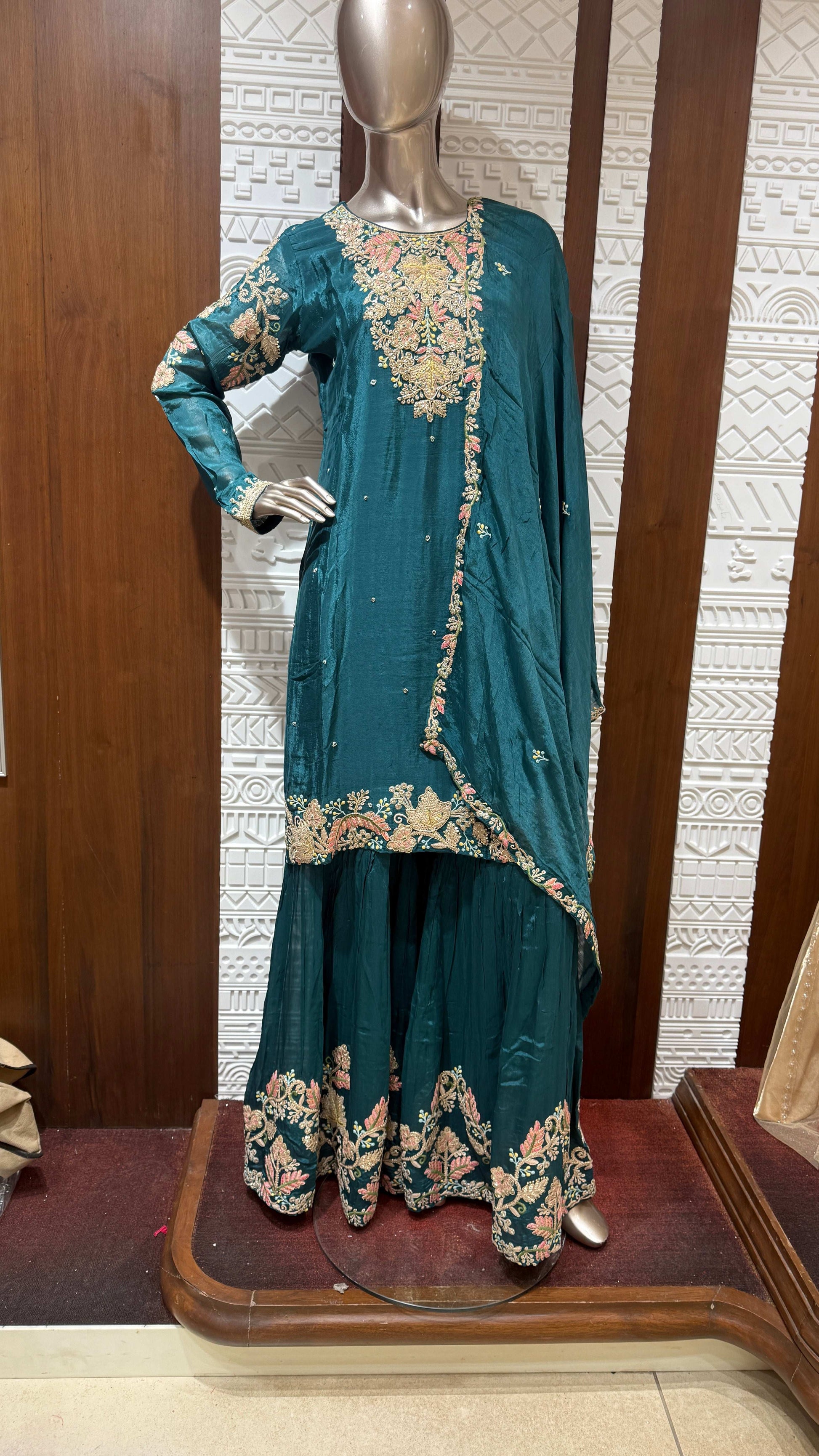 Sky Blue Banarasi Silk Sharara Set with Golden Embroidery – Sheetal Collection