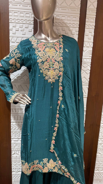 Sky Blue Banarasi Silk Sharara Set with Golden Embroidery – Sheetal Collection
