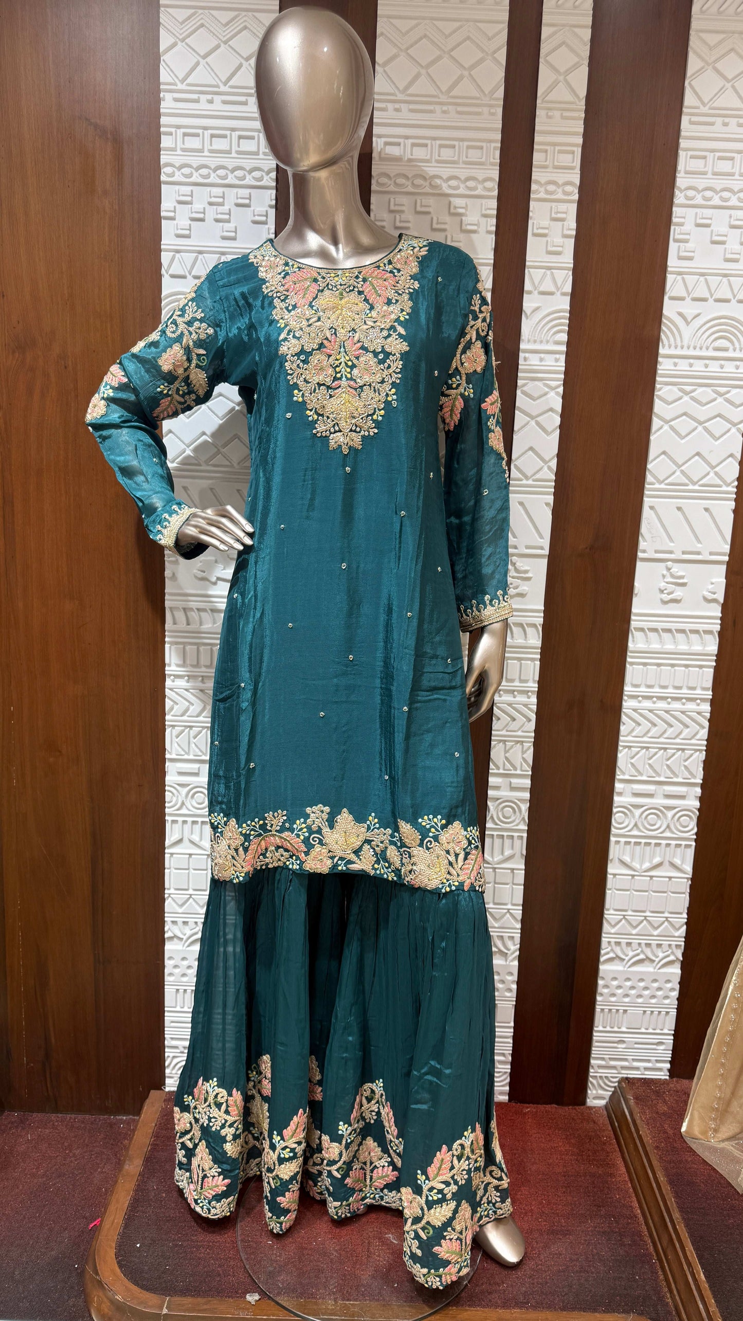 Sky Blue Banarasi Silk Sharara Set with Golden Embroidery – Sheetal Collection