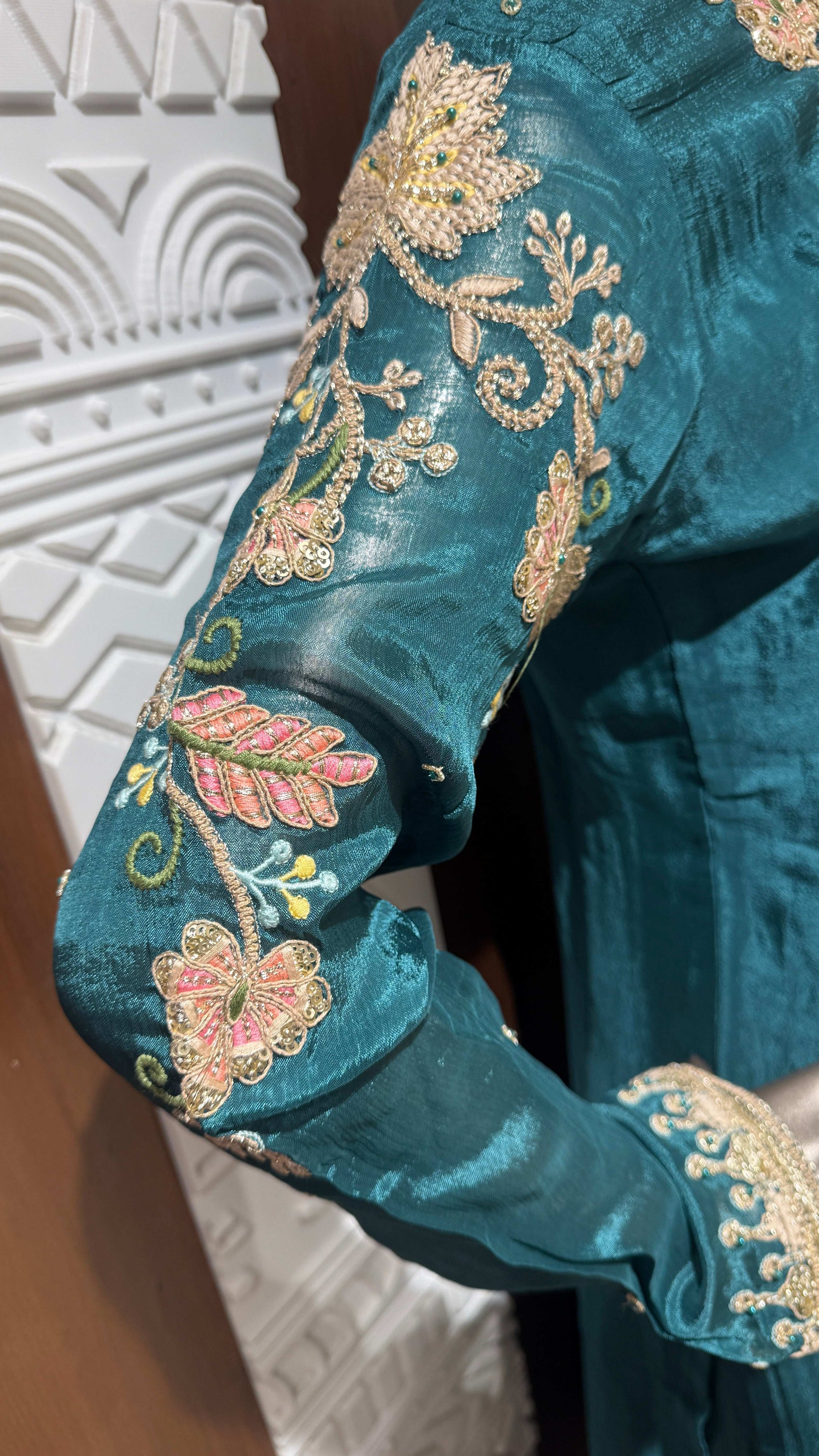 Sky Blue Banarasi Silk Sharara Set with Golden Embroidery – Sheetal Collection