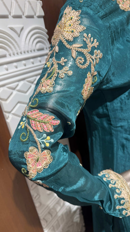 Sky Blue Banarasi Silk Sharara Set with Golden Embroidery – Sheetal Collection