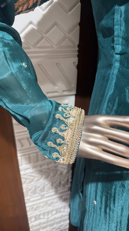 Sky Blue Banarasi Silk Sharara Set with Golden Embroidery – Sheetal Collection