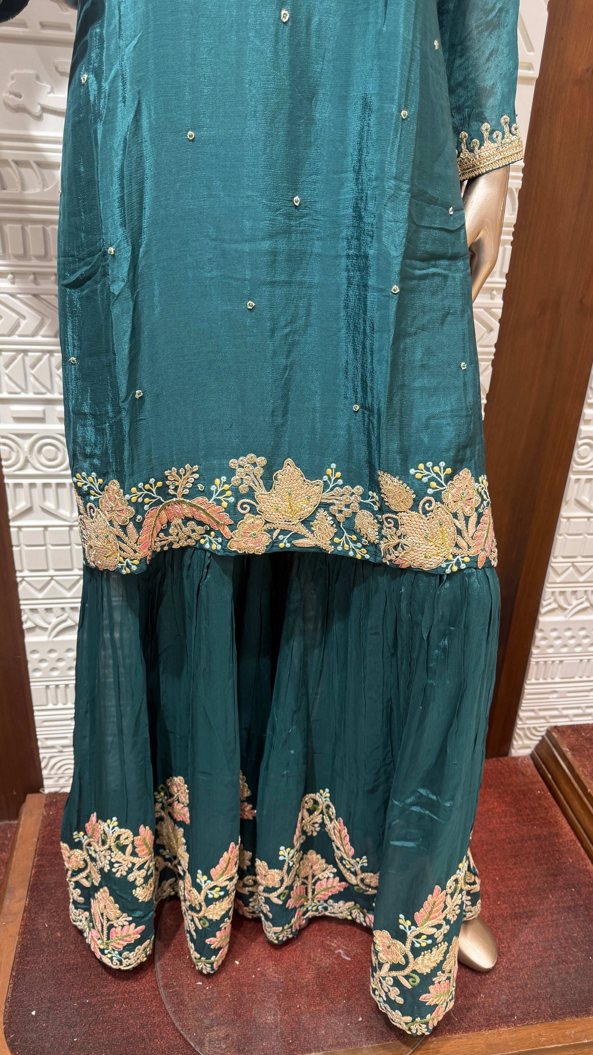 Sky Blue Banarasi Silk Sharara Set with Golden Embroidery – Sheetal Collection