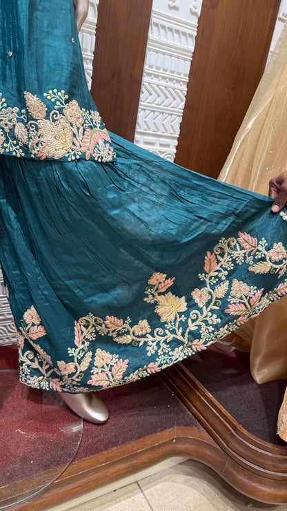 Sky Blue Banarasi Silk Sharara Set with Golden Embroidery – Sheetal Collection