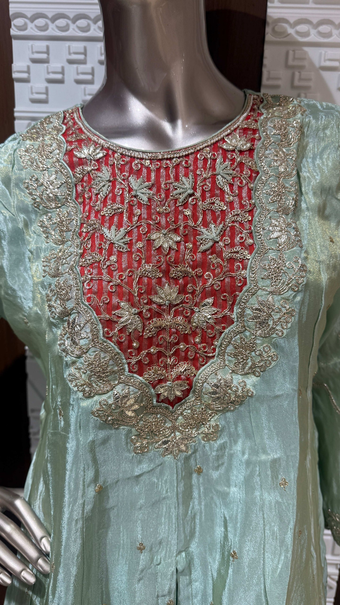 Mint Green Embroidered Soft Tissue Silk Palazzo Set – Sheetal Collection