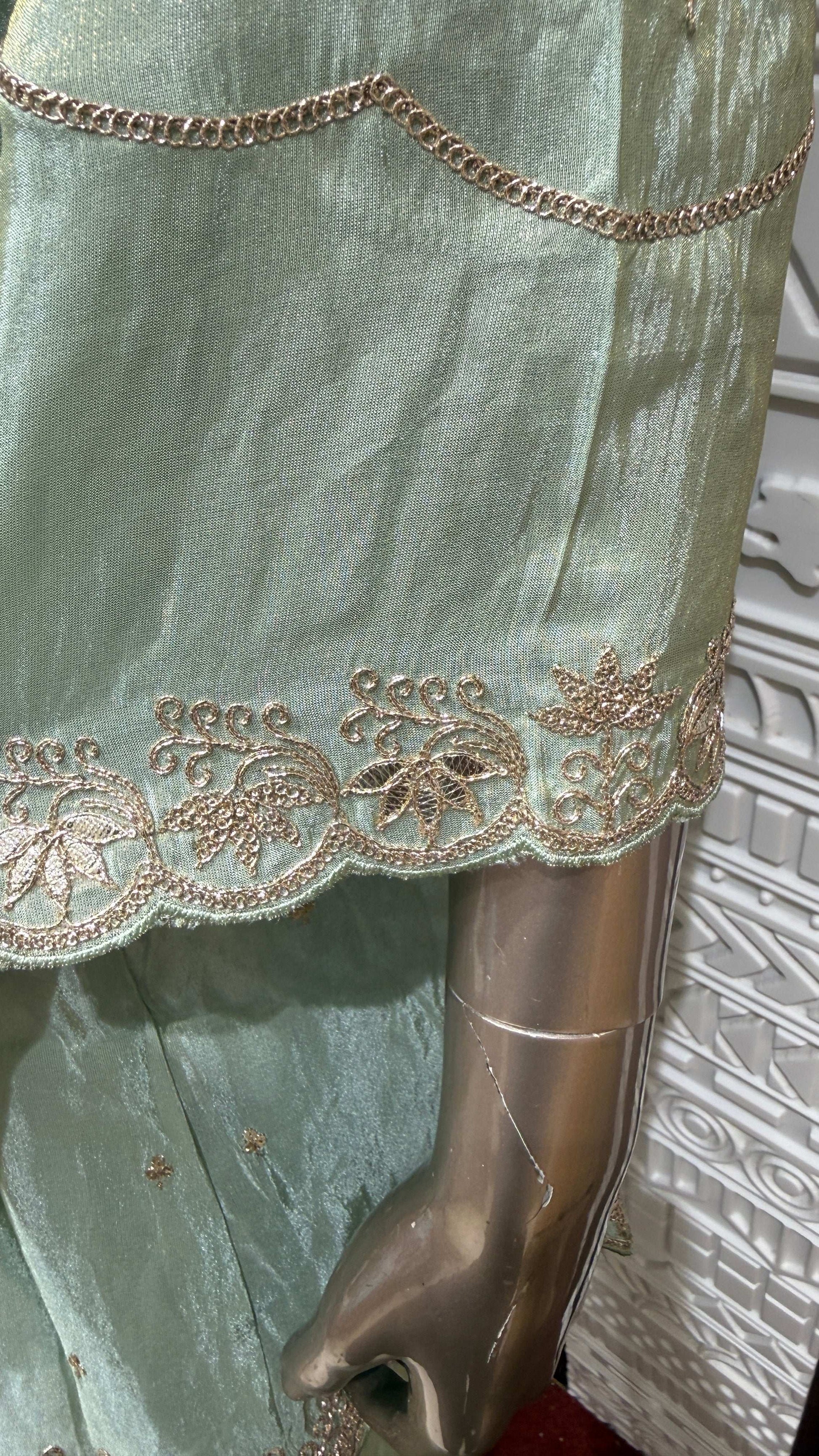 Mint Green Embroidered Soft Tissue Silk Palazzo Set – Sheetal Collection