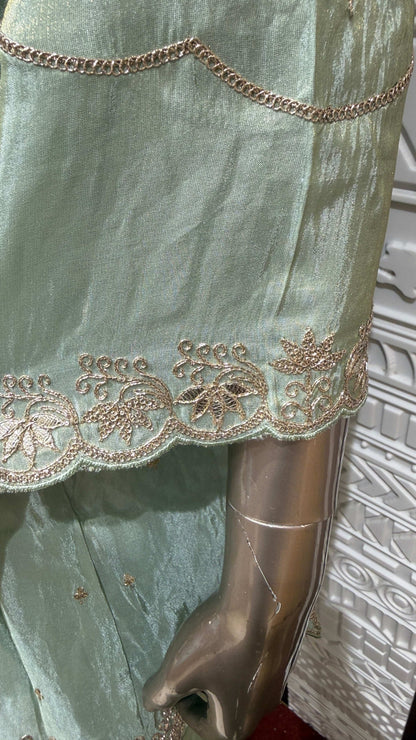 Mint Green Embroidered Soft Tissue Silk Palazzo Set – Sheetal Collection