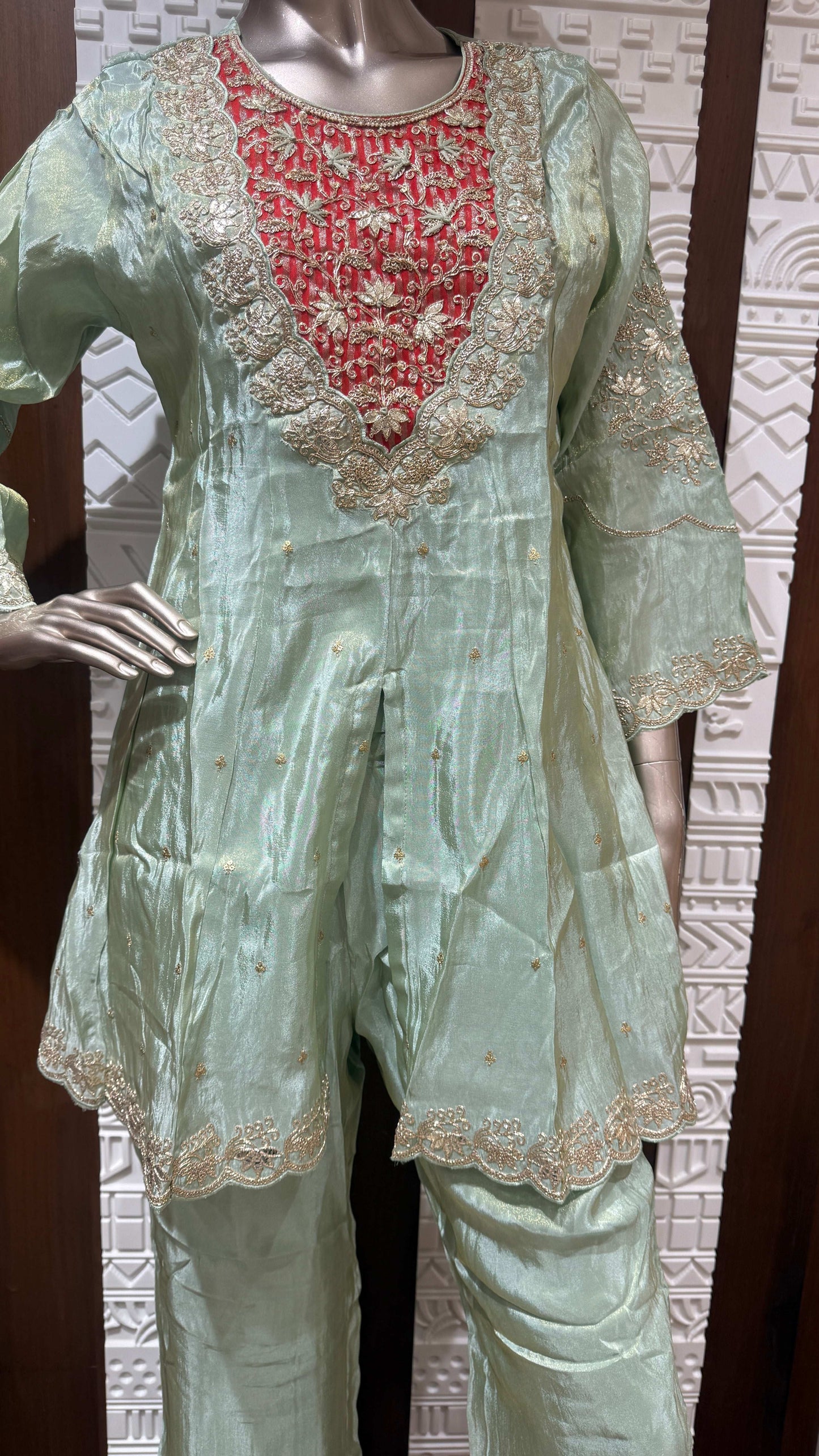 Mint Green Embroidered Soft Tissue Silk Palazzo Set – Sheetal Collection