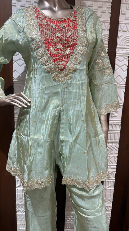 Mint Green Embroidered Soft Tissue Silk Palazzo Set – Sheetal Collection