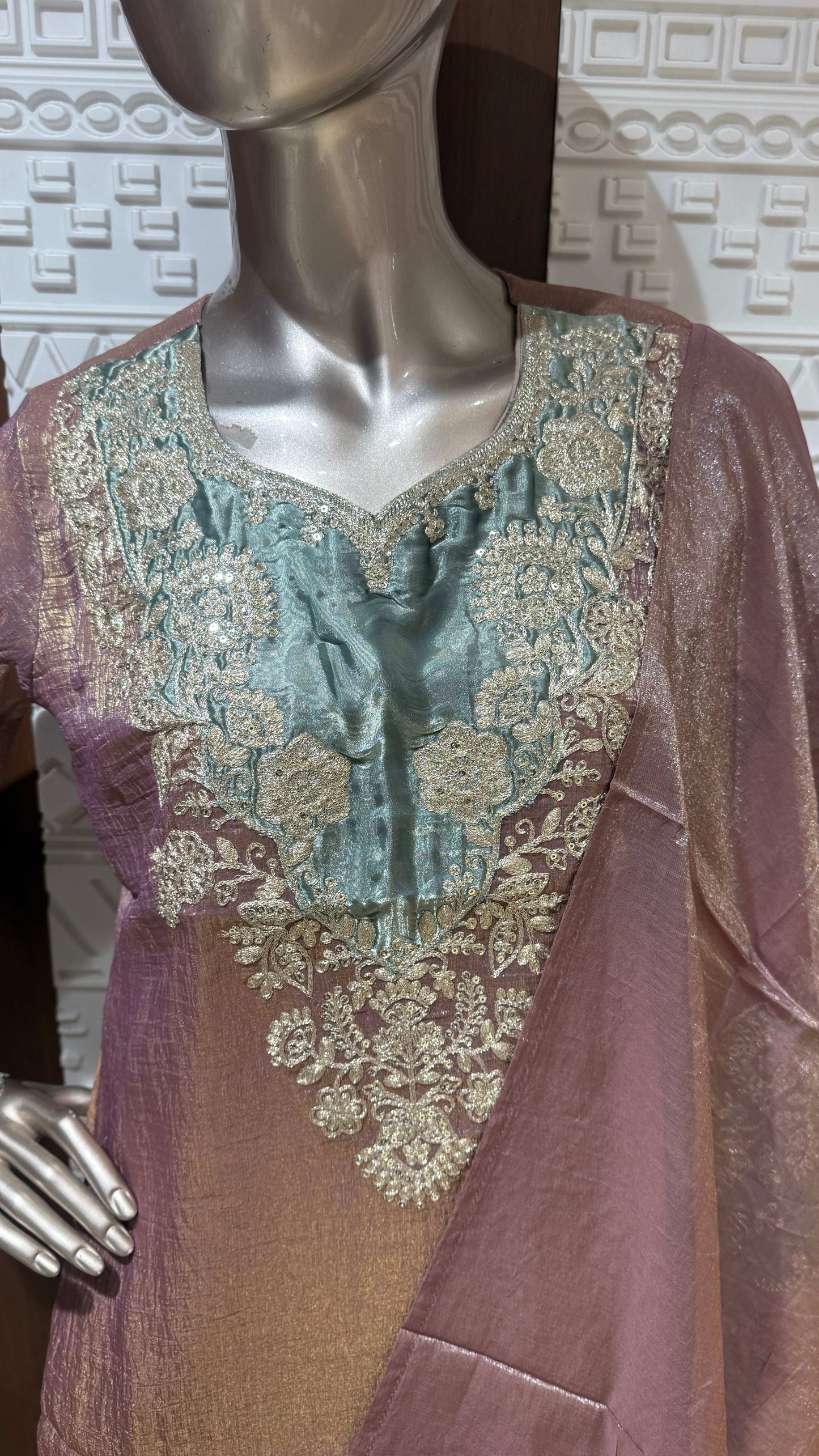 Mauve Pink Embroidered Soft Tissue Palazzo Set with Mint Green Dupatta – Sheetal Collection