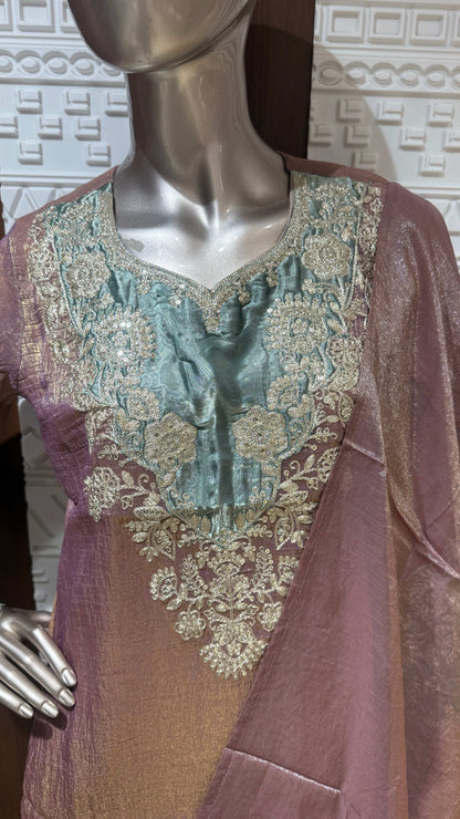 Mauve Pink Embroidered Soft Tissue Palazzo Set with Mint Green Dupatta – Sheetal Collection