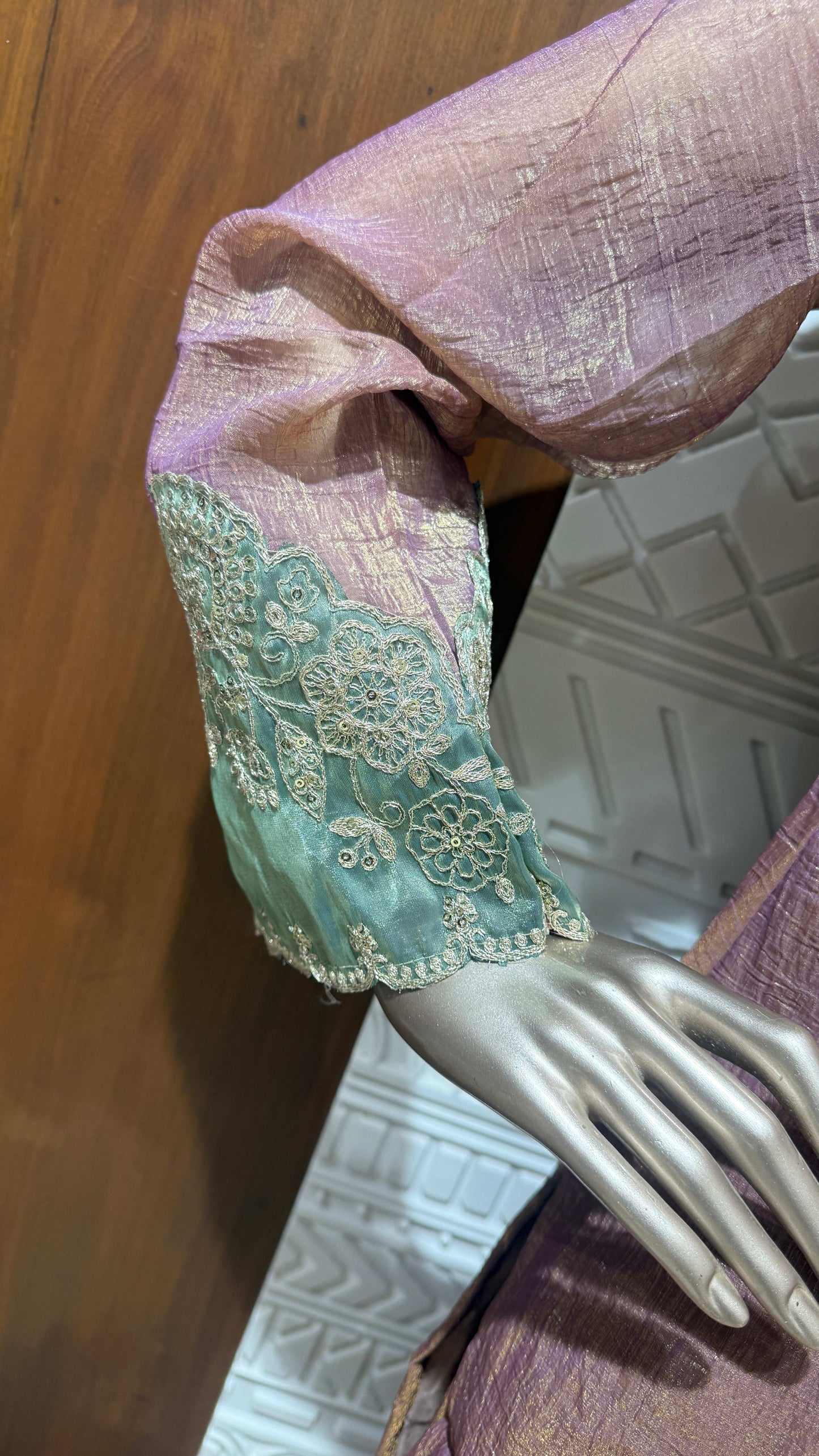 Mauve Pink Embroidered Soft Tissue Palazzo Set with Mint Green Dupatta – Sheetal Collection