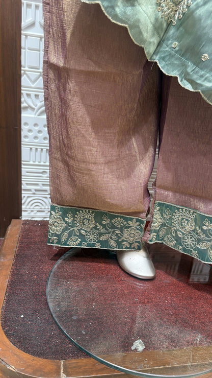 Mauve Pink Embroidered Soft Tissue Palazzo Set with Mint Green Dupatta – Sheetal Collection