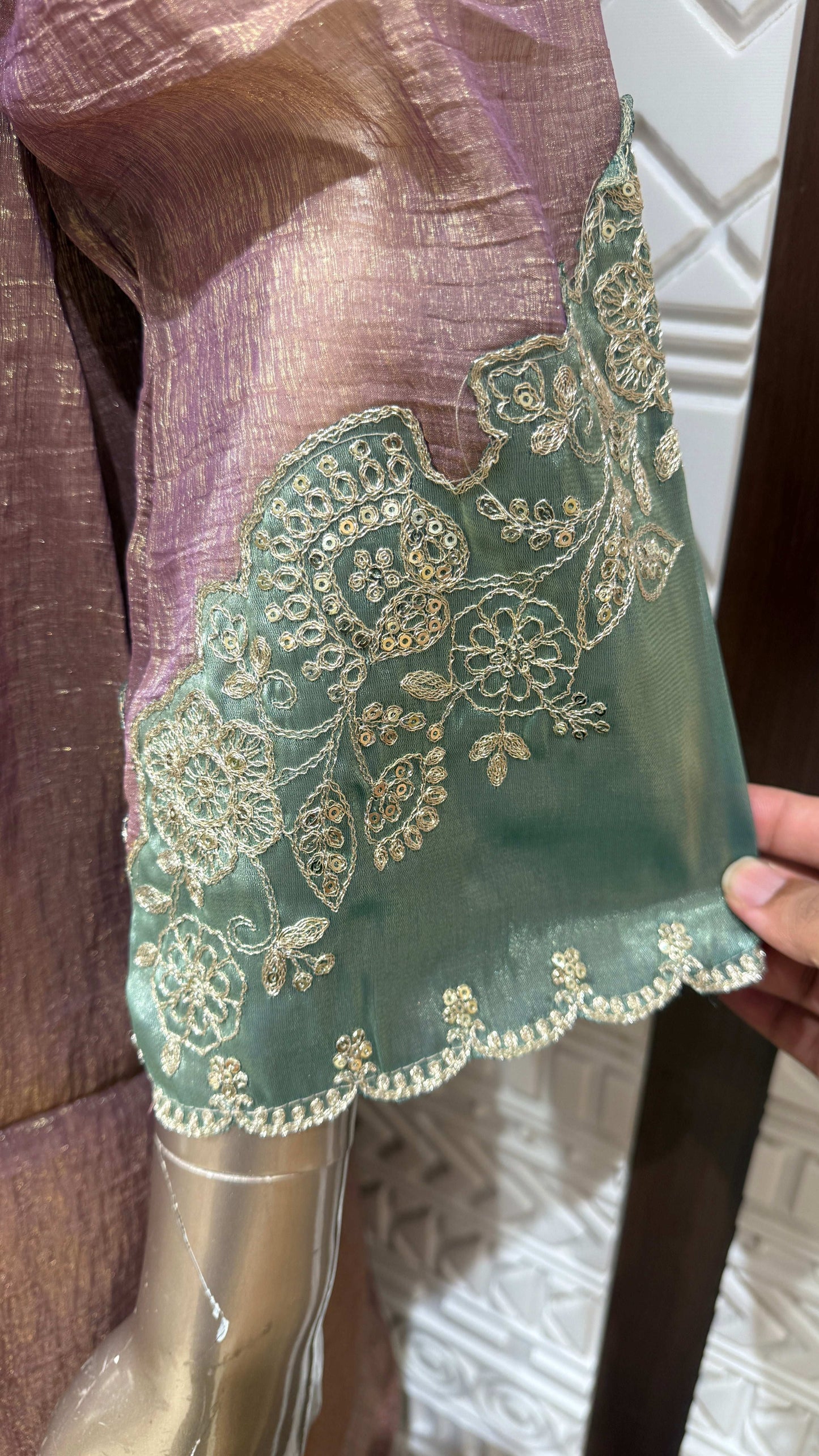 Mauve Pink Embroidered Soft Tissue Palazzo Set with Mint Green Dupatta – Sheetal Collection